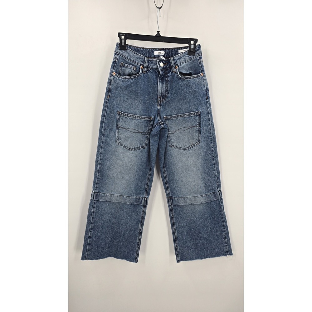 Forever 21 Premium Cargo Jeans Womens 25 Blue‎ Denim Wide Leg Distressed Raw Hem